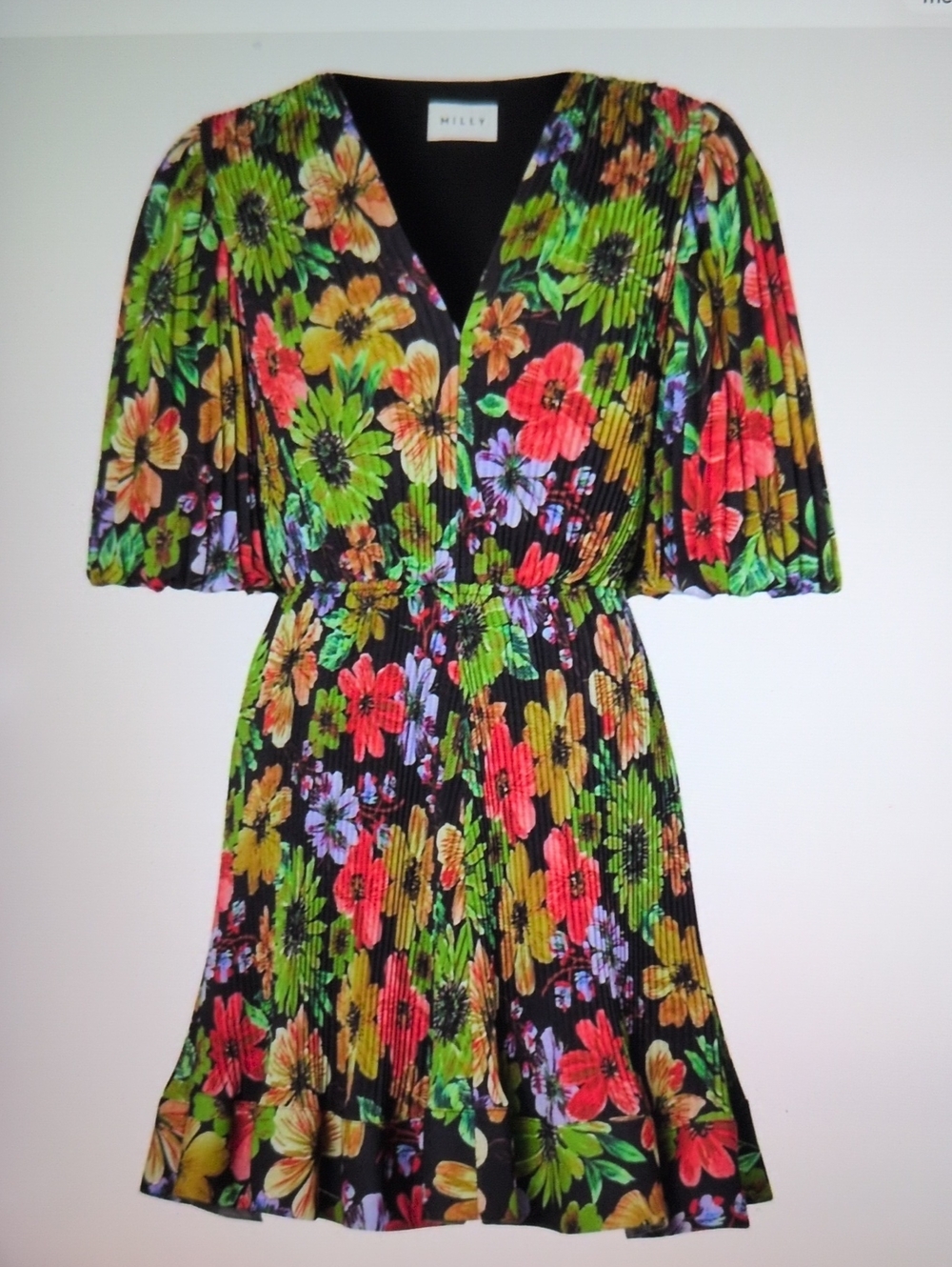 Milly "Elle" Pleated Puff Sleeve Floral Mini Dress